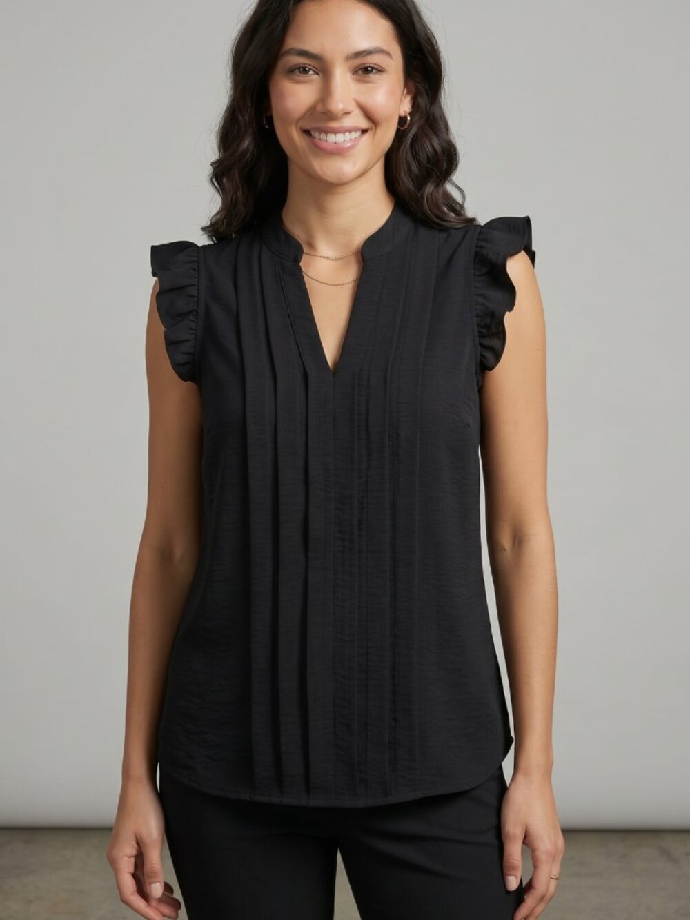 NWT Kikvendo Black Pleated V-Neck Flutter Cap Sleeve Blouse Small